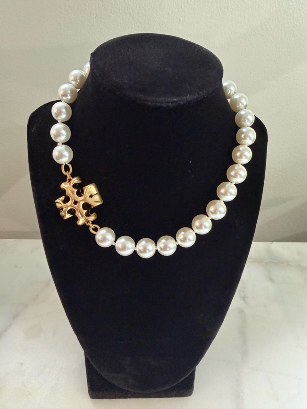 Tory Burch White Pearl Necklace with Gold Logo Charm